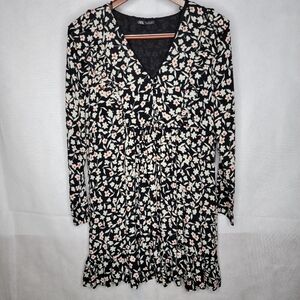 Zara Short Dress Black White Floral Long Sleeve Feminine Ruffle Peasant Cottage